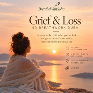 Grief & Loss 9D Breathwork session in Dubai by Breathe With Suha, featuring a woman sitting quietly at sunset. Saturday, 31 October 2026, 4:00 PM–5:30 PM.