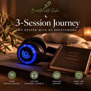 Three-session private 9D Breathwork package in Dubai, featuring blue illuminated 9D headphones beside a reflection journal in a warm wellness setting.