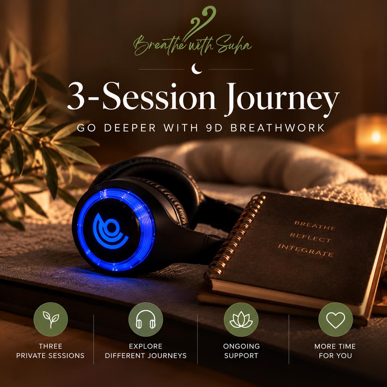 Three-session private 9D Breathwork package in Dubai, featuring blue illuminated 9D headphones beside a reflection journal in a warm wellness setting.