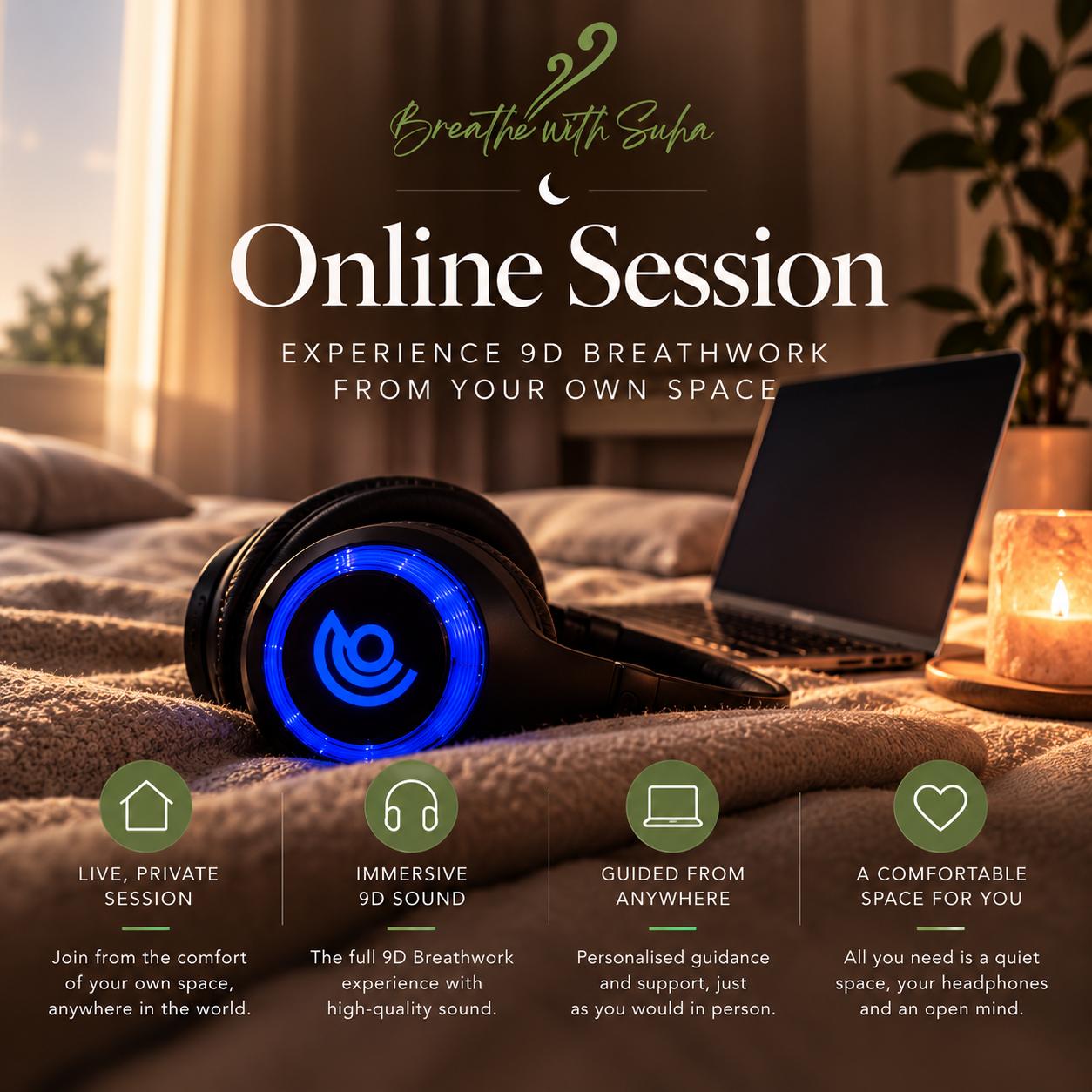 Online 9D Breathwork private session with Breathe With Suha, featuring blue illuminated headphones, a laptop and a comfortable home setting.
